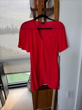 Red Short-Sleeve Button Front Mini Dress